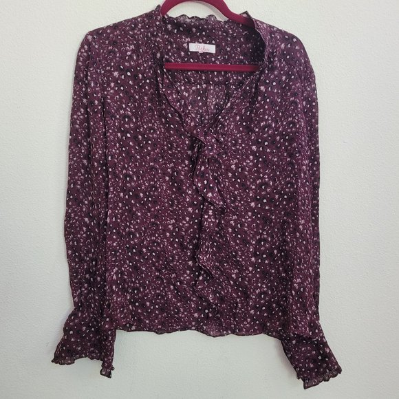 Parker Tilly Printed Ruffle Combo Blouse Sz M Dark Burgundy - Picture 2 of 10